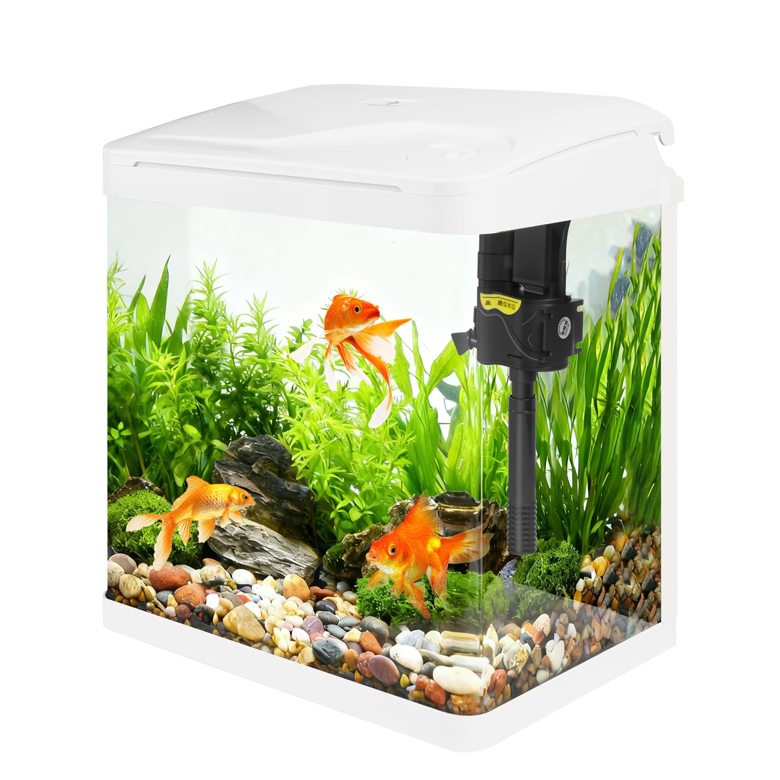 Small Glass Aquarium Tank 16L with Filter and Light, All-in-One Desktop Glass Fish Tank Kit with Pump for Goldfish, Betta, Shrimp, White(XS-320）