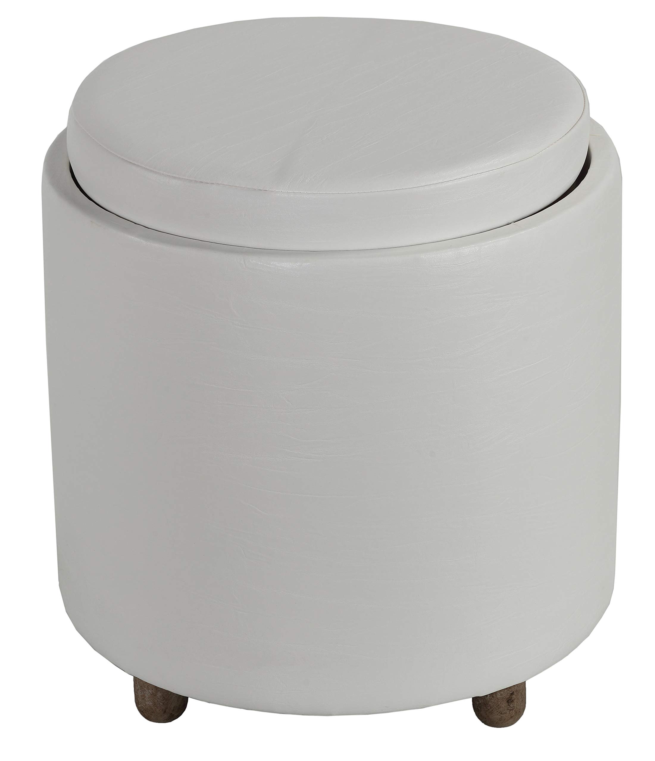 Cortesi Home Keyes Round Storage Ottoman with Tray Top 18", White Faux Leather and Driftwood Legs