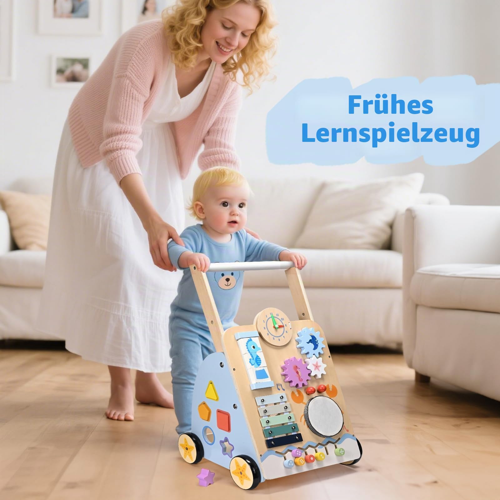 Lauflernwagen Holz 8 In 1 Verwendung für Kinder Ab 3–9 Monaten, Multifunktion Lauflernhilfe Baby mit & Rädern & Bauklötzen für Die Früherziehung Geschenk Geeignet