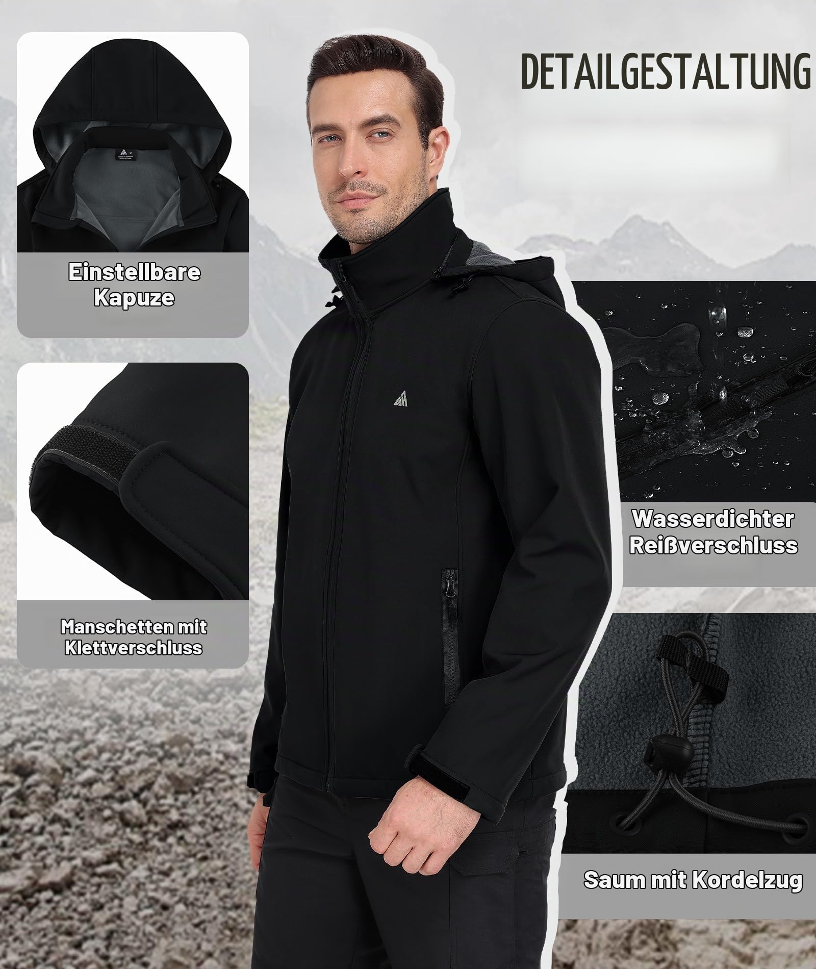 SwissWell Softshelljacke Herren Wasserdichte Winddichte Übergangsjacke Atmungsaktive Funktionsjacke mit Kapuze Outdoor Jacke Herbst Winter Windbreaker für Wandern Fahrrad Camping