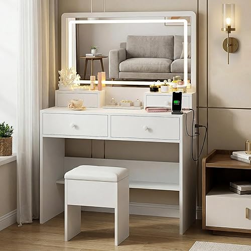 FUXA Makeup Vanity Desk with LED Mirror and Charging Station, Vanity Table Set with Storage Drawer and Chair for Bedroom, White