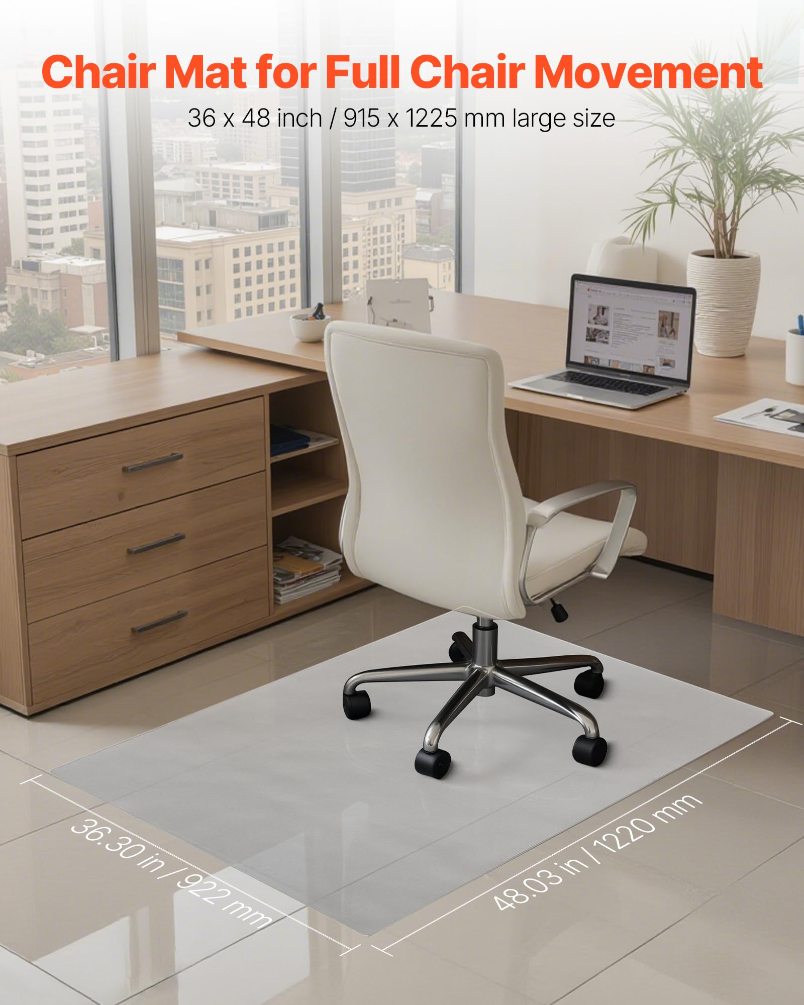 VEVOR Tappetino per Sedia 1220 x 922 mm Tappeto Sedia Ufficio per Pavimenti Duri, Trasparente, Protezione per Sedie a Rotelle, Antiscivolo e Facile da Pulire, per l'Ufficio Domestico, Rettangolare