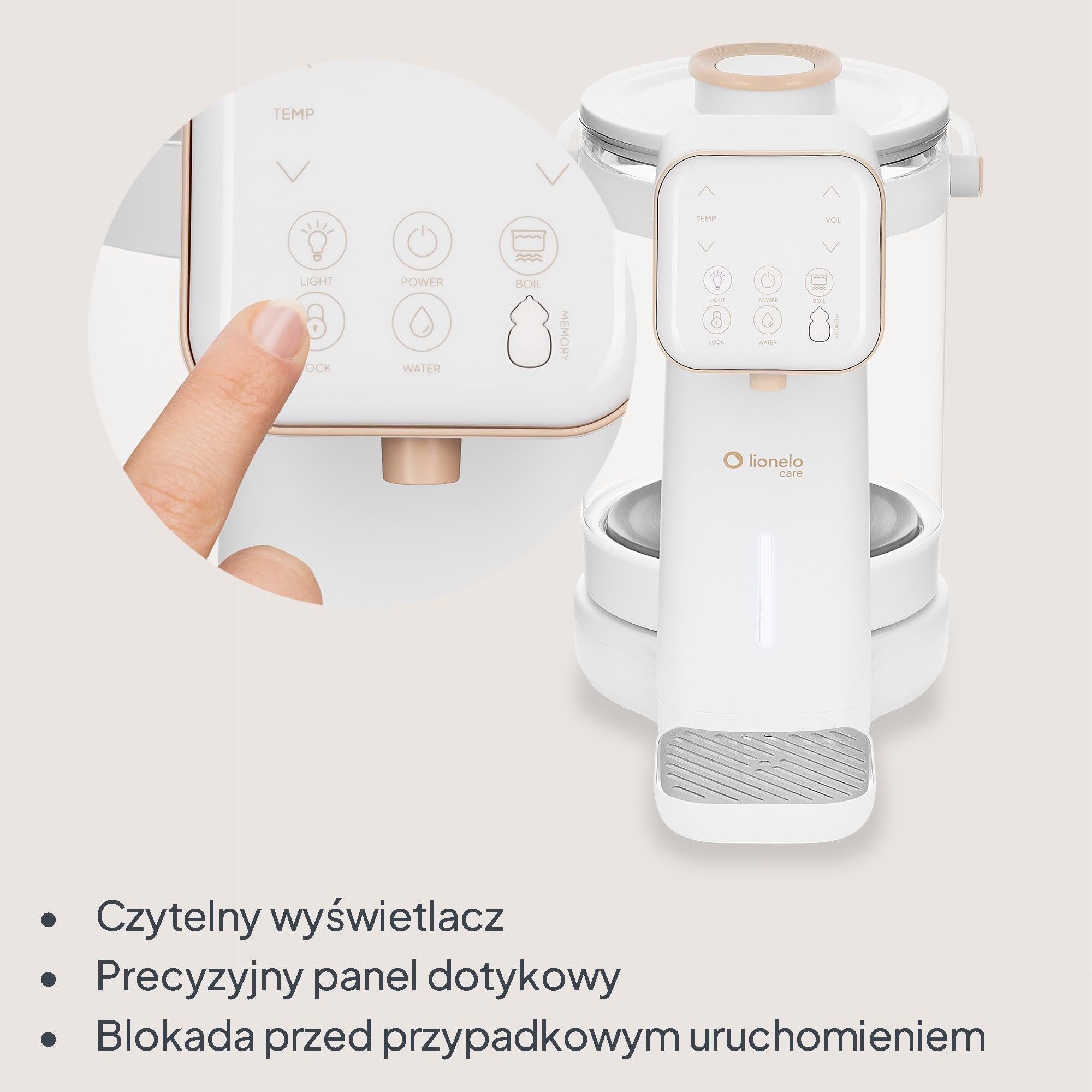 Lionelo Babypresto 2.0 urządzenie do przygotowywania butelek dla niemowląt i ogrzewacz do butelek dla niemowląt o temperaturze 40-100°C, higiena UV, dechlorowanie, dozowanie 30-300 ml, szklany