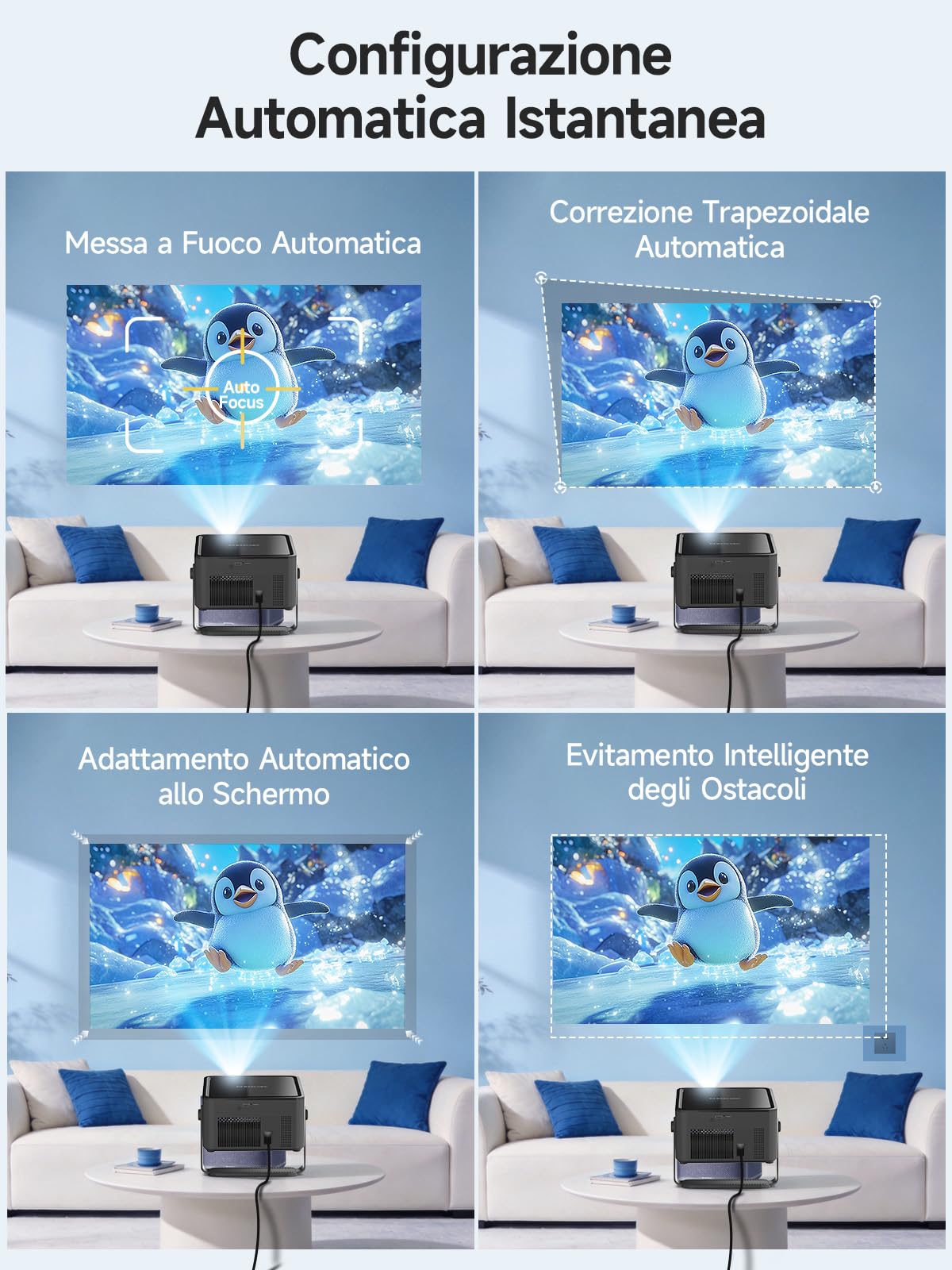 【Android 14 & 800 ANSI】Smart Proiettore Portatile 4K Supporto, 1080P Nativo | Messa A Fuoco Automatica, Correzione Trapezoidale, WiFi 6 BT 5.4, Altoparlante da 15W, Rotazione 180° Proiettore da Esterno