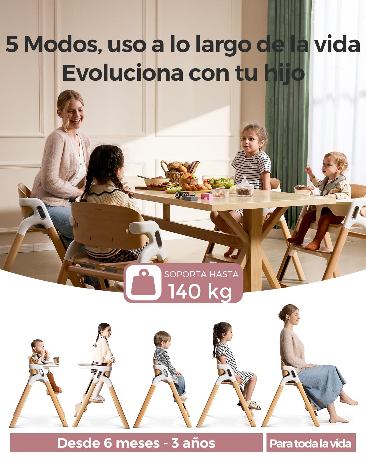 Momcozy Trona Evolutiva de Madera Narural para Niños y Adultos hasta 140 kg | Tronas de Bebe ajustable y ergonómica, con bandeja desmontable de grado alimenticio