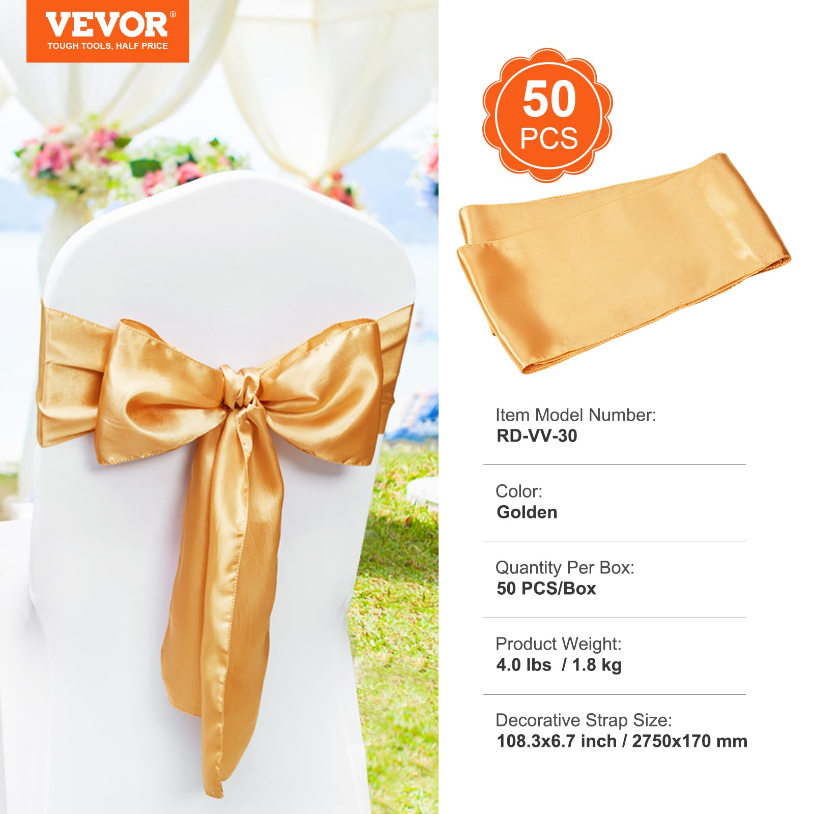 VEVOR Fundas Elásticas de Spandex para Sillas, 50 Piezas Doradas, Decoración para Bodas y Fiestas