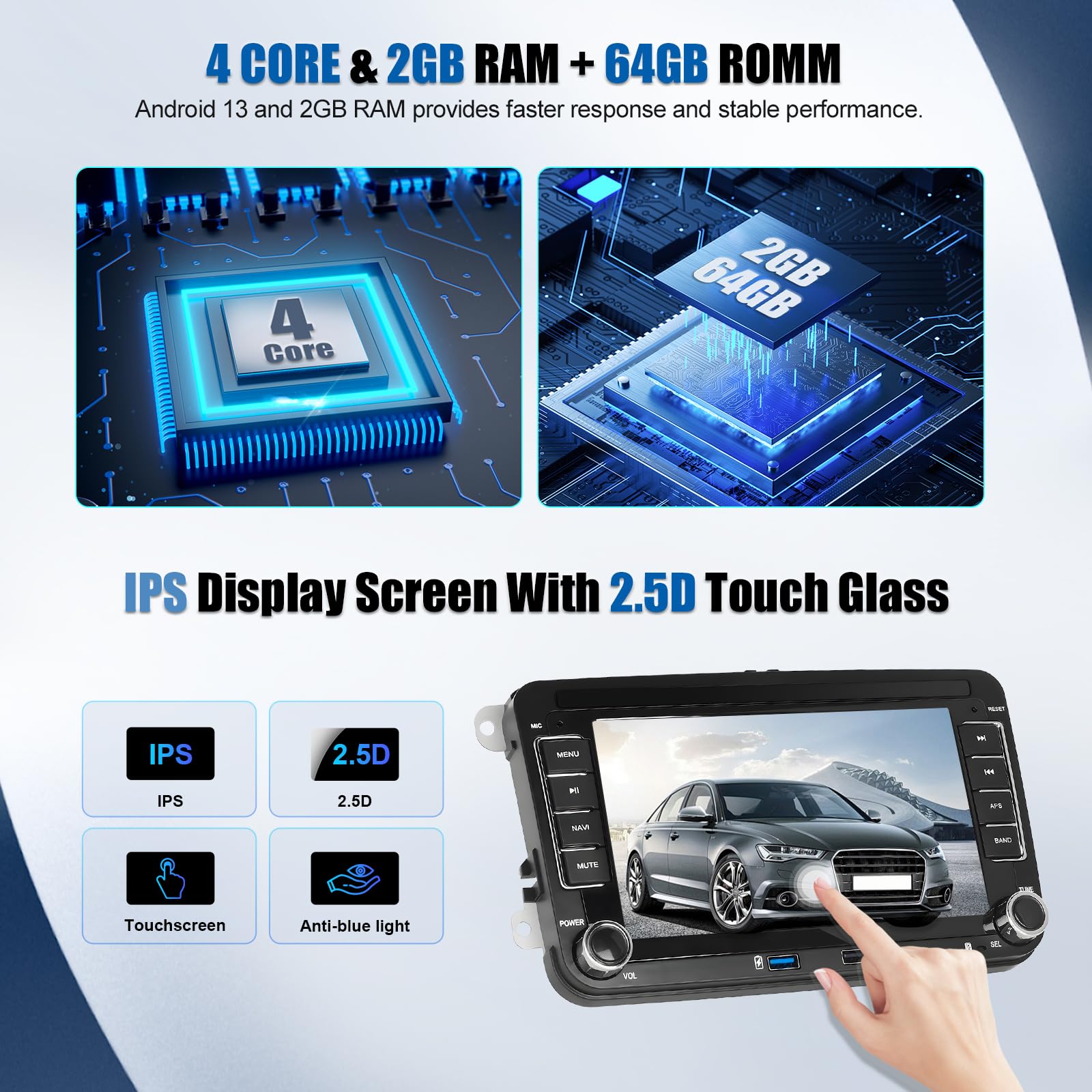 SIXWIN 2+64G Android 15 Autoradio für VW Golf 5 Golf 6 Skoda Polo Passat Tiguan Touran mit Carplay/Android Auto/Mirrorlink,7 Zoll Touchscreen mit WiFi GPS Bluetooth FM RDS Radio EQ 2USB Aufladen