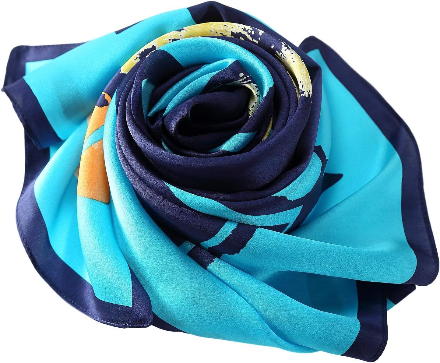 Long Charmeuse Silk Scarf Floral and Graphic Print (Blue Abstract)