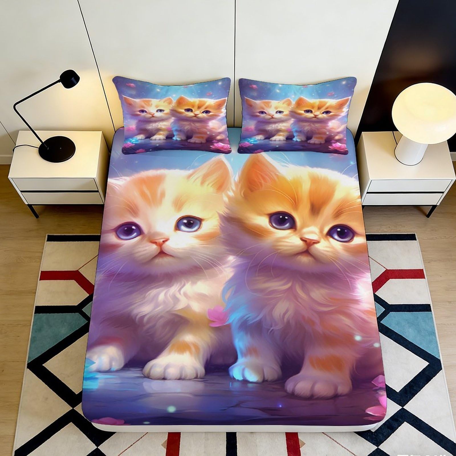 3D Printed Cute Kitten Fitted Sheet Microfiber Soft Breathable Cartoon Cat Mattress Cover for Bedroom Dorm Room Decor 120x200x25cm