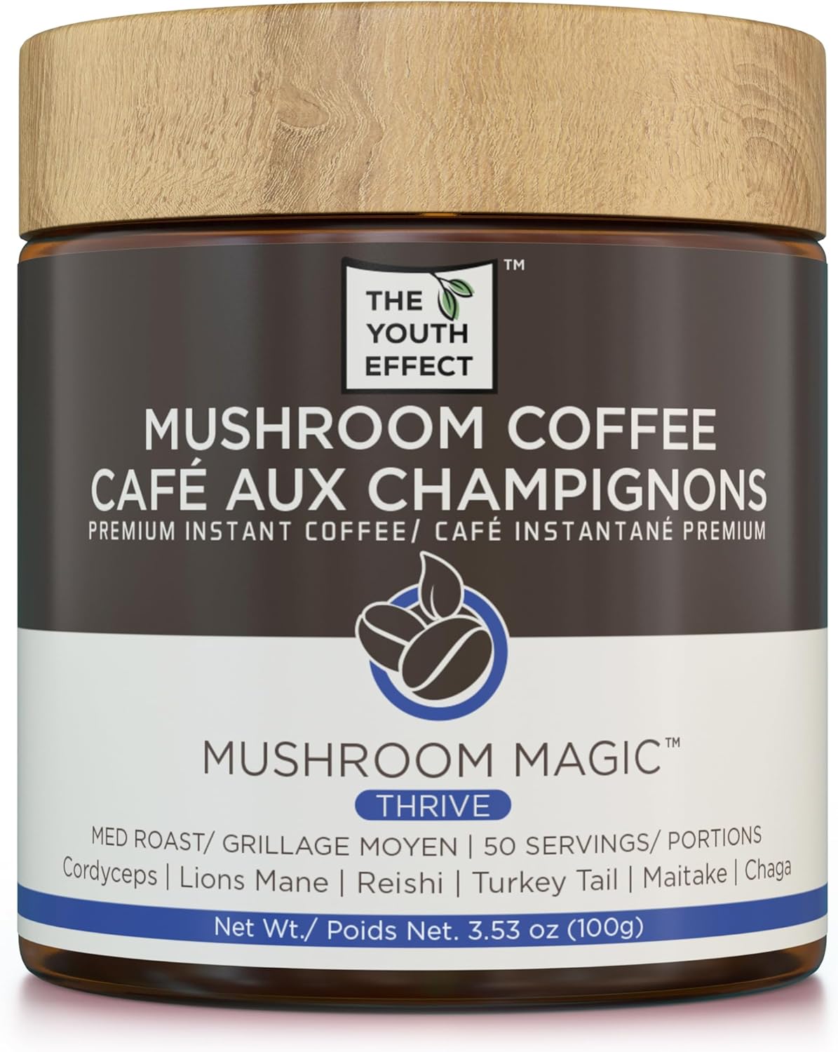 Product image of The Youth Effect Canadian mushroom coffee with 6 superfood mushrooms; organic cordyceps, lions mane, red reishi, turkey tail, maitake, and chaga mushrooms! (low caffeine coffee substitute. (adaptogenic coffee, organic mushrooms, 100 g, 50 servings, made in Canada)