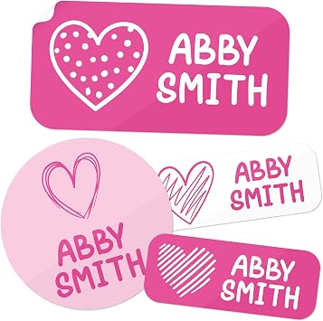 Personalized Daycare Name Labels for Kids, 130 Pack Waterproof Custom Name Stickers for Clothing Tags, Lunch Boxes and School Supplies, Made in USA by MSC -Pink Heart