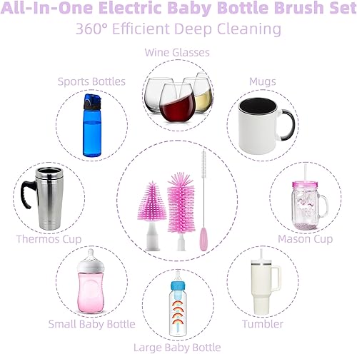 Miniatura 4 de Limpiador eléctrico de cepillo para botellas, cepillo eléctrico portátil para biberones para viajes, juego de limpiador de botellas eléctrico
