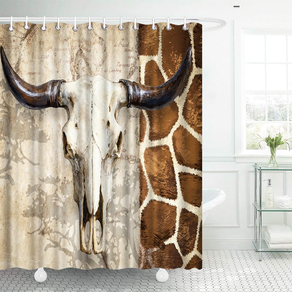 Farmhouse Shower Curtain Bull Skull Bathroom Curtain with Giraffe Print Pattern 72x72 Inches, Rustic Western Design with 12 pcs Hooks Included (Brown)