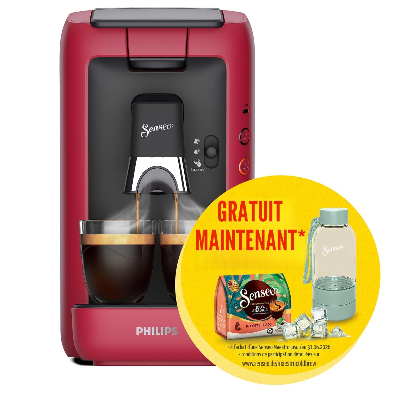 Philips Domestic Appliances Senseo Maestro Machine à café à dosettes avec épaississement du café et fonction mémo, réservoir d'eau de 1,2 l, produit vert, couleur : rouge (CSA260/90)