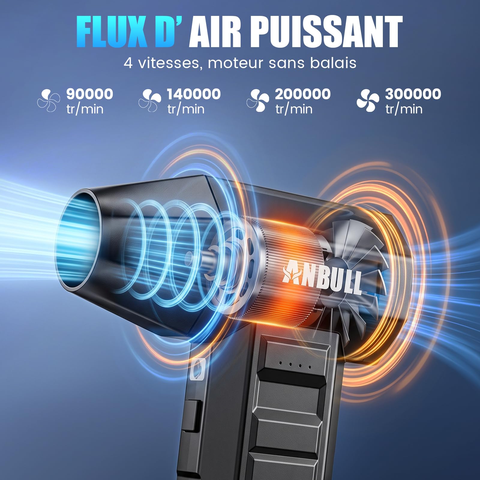 Anbull Souffleur à Air Comprimé Électrique 300000RPM, 4 Vitesses Réglables