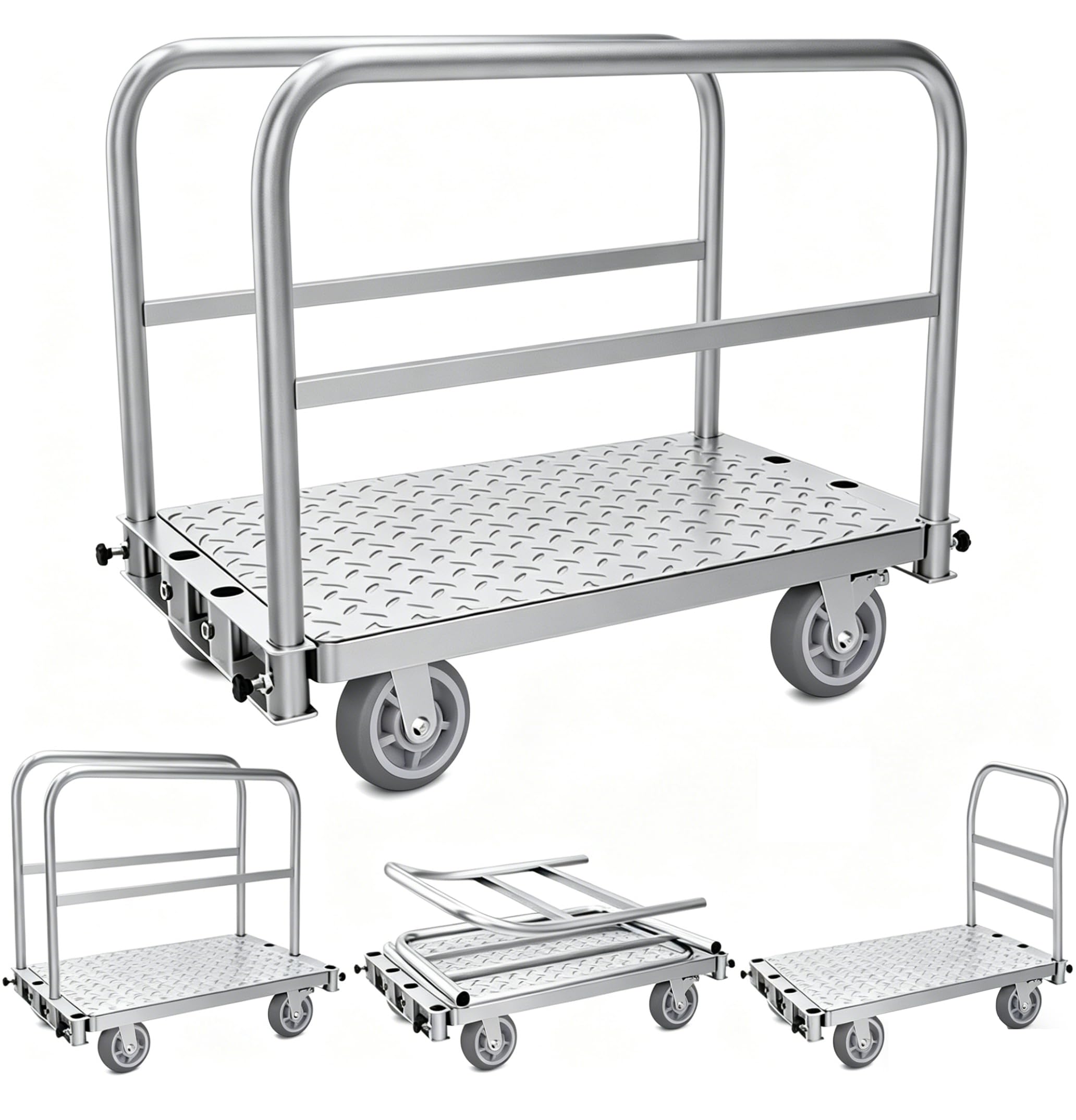 Carretilla con Plataforma 3 en 1, Asa y Barandillas Extraíble | ruedas de 150 mm con freno, 500 kg capacidad,100 x 60 x 83 cm, para taller, obras y almacén