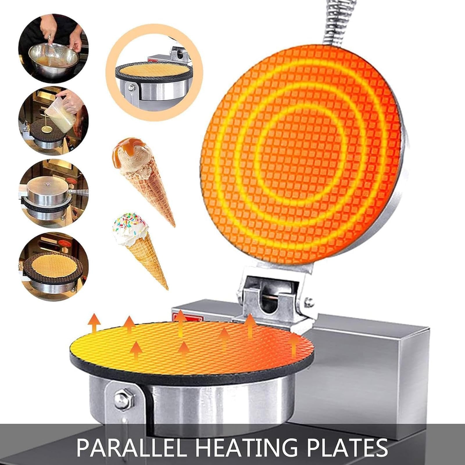 Máquina de Rollitos de Huevo Para Conos de Helado, Fabricante de Conos de Barquillo Eléctrico con Temperatura Ajustable 50-300°C, Temporizador 0-5 Min, Calentamiento Doble Para Restauran Double-ended