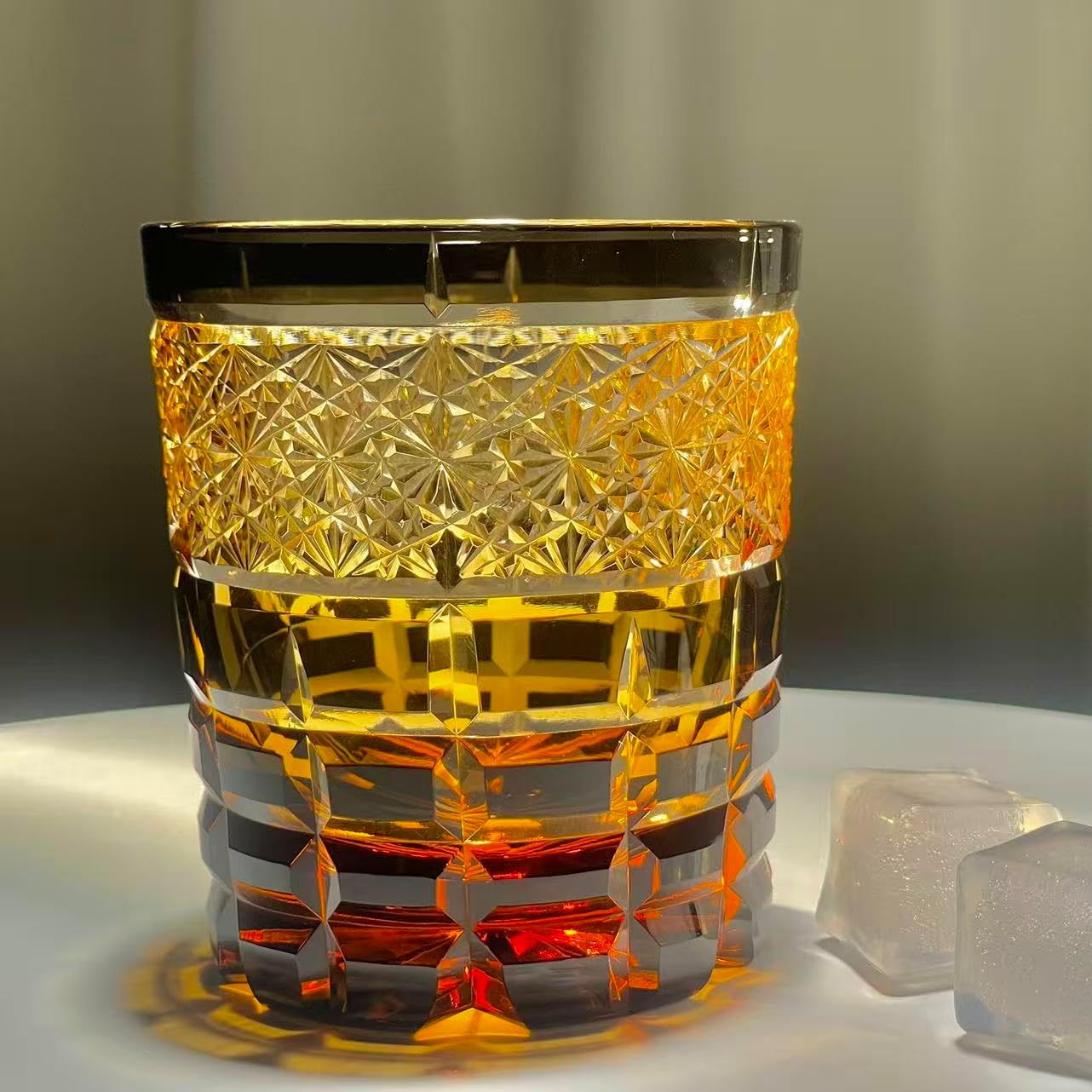 suigetsu Japanese Crystal Whiskey Glass, 10 oz, Amber Black, Engraved Pattern, Old Fashioned Rocks Tumbler with Gift Box (Amber Glow) - Image 7