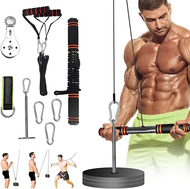 PELLOR 3 in 1 Fitness Gym Pulley Cable, Home DIY Lat Pulldown Arm Strength Training Cable Machine with Straight Bar, Wear-resistant Strap, Nylon Rope for Woman Men, Home Exercise Workout Accessories