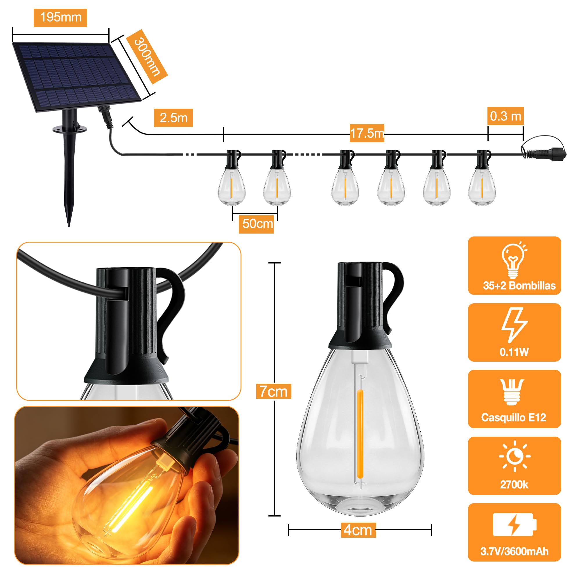 HeiPard Guirnalda Luces Solares Exterior 20m, 35+2 Bombillas LED, Mando