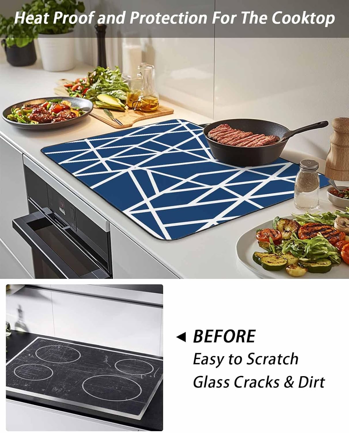 Stove Top Cover Abstract Geometric Stove Cover for Electric Stove Top Blue Lines Modern Art Glass Cooktop Covers Anti-Slip Mat Heat Resistant Countertop Protector Kitchen Decor 31"x24"