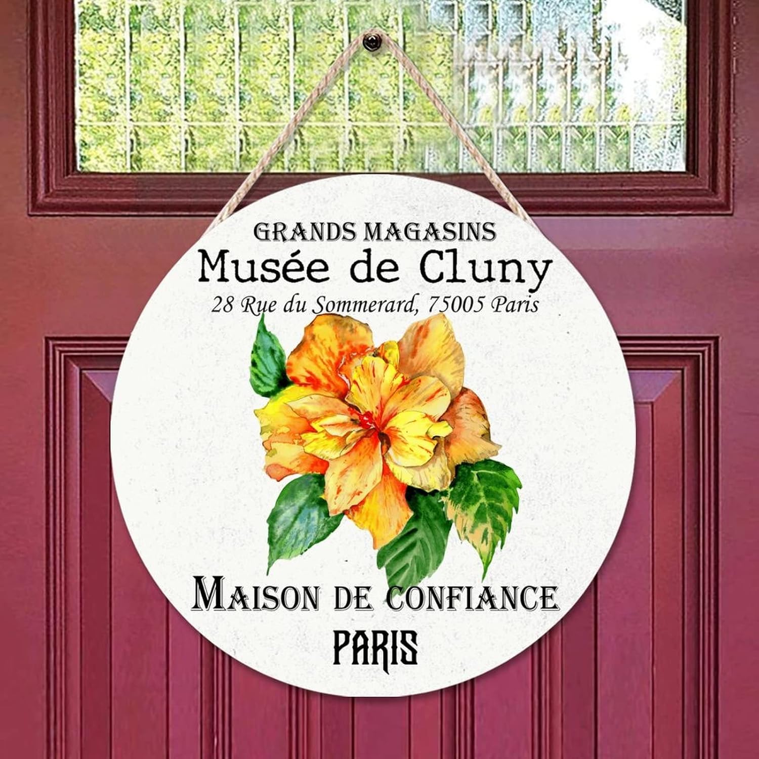 Vintage Flower Round Door Hanger Sign, Flower Wood Door Sign, 16x16in Floral Wall Hanging Sign Plaque for Front Door Entryway Porch Bar Pub Housewarming Gifts