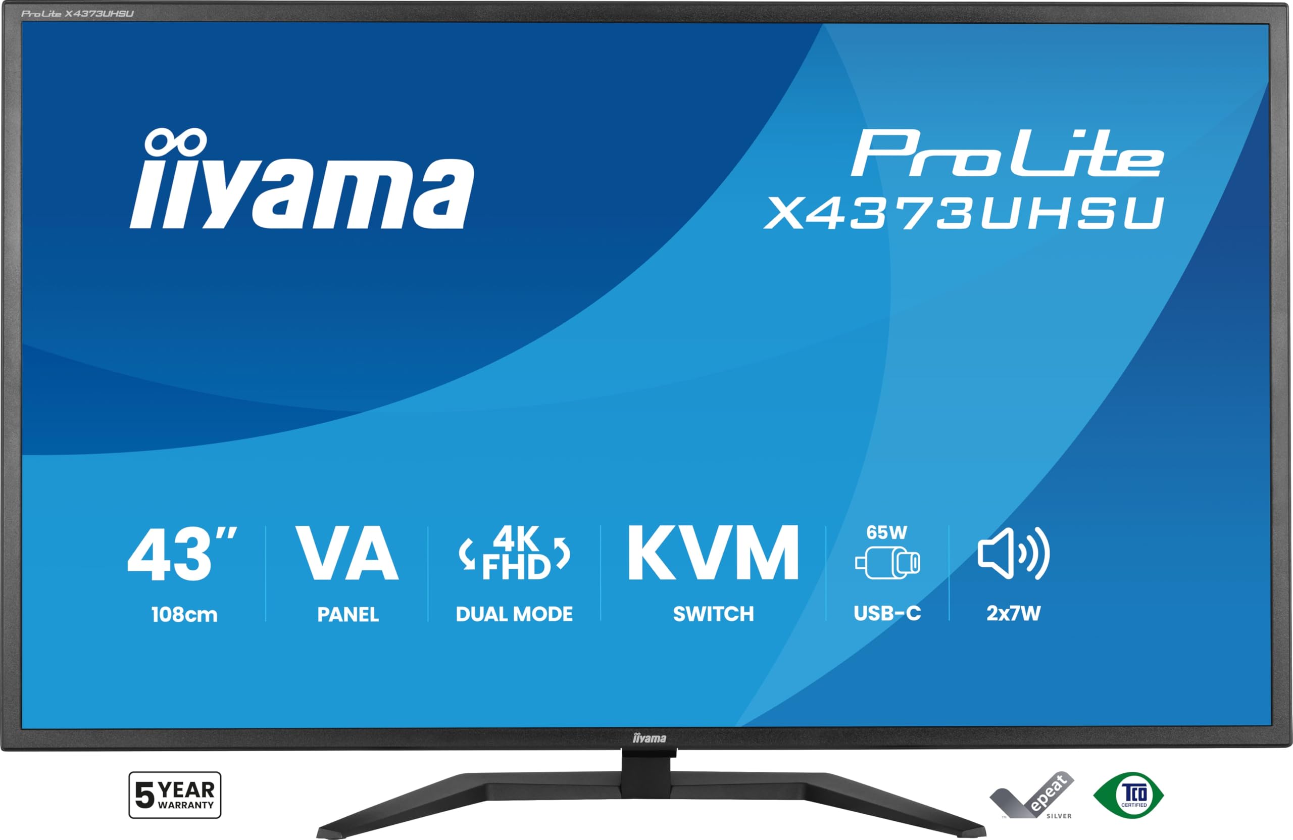 iiyama Prolite X4373UHSU-B2 108cm 42,5" VA LED-Monitor Dual Mode 4K UHD 60Hz oder FHD 120Hz 2xHDMI DP USB-C (DP Alt Mode, 95W) USB Hub (2X Typ A v.3.2, 2X Typ C 5W) KVM-Switch HDR10 Pip/PbP schwarz