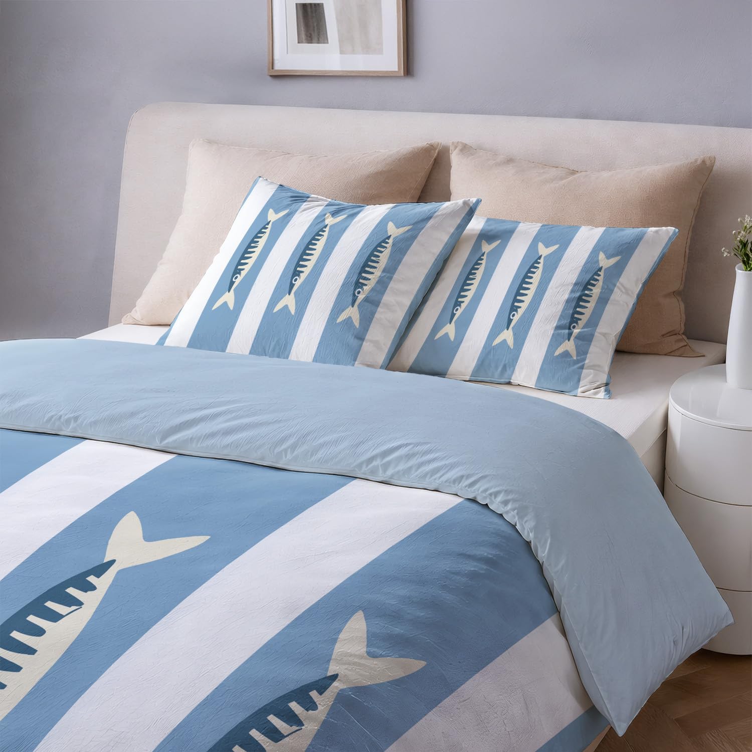 Poszwa na kołdrę Zima w paski - 220 x 240 cm - Dwustronna niebieska Ice Microfiber - 2 poszewki na poduszki w zestawie - Pościel morska Świeży wzór ryb - Morbid Microfiber Duvet Cover
