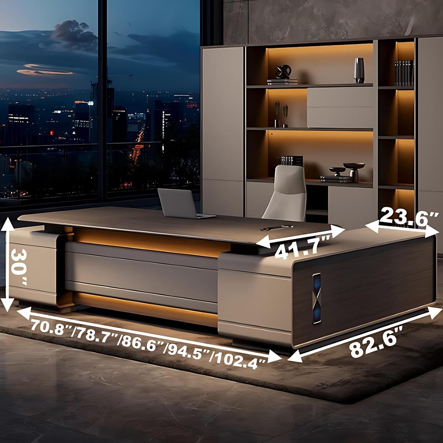 Executive Desk with Drawers – L Shaped Executive Office Desk, Solid Wood, Home Office Desk, LED Lighting, Fully Assembled (Wood,86.6IN)