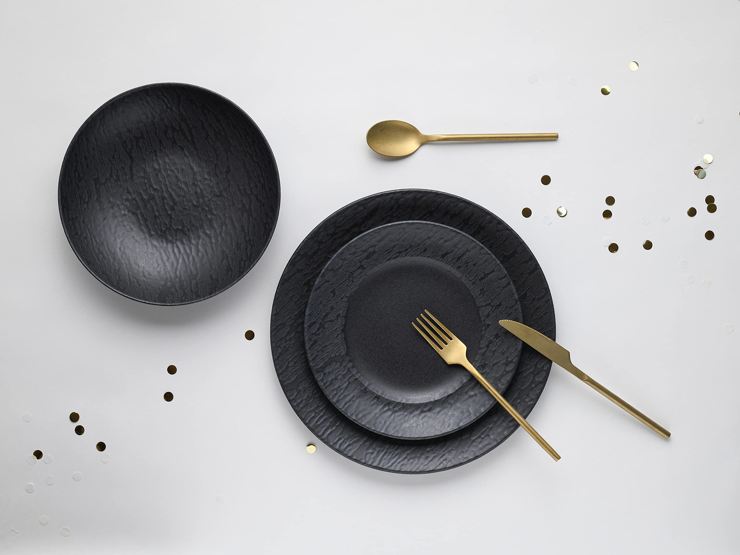 Creatable, 33320, Serie Rondo SCHIEFER black, 12-teiliges Geschirrset, Teller Set aus Steinzeug, spülmaschinen- und mikrowellengeeignet, Made in Portugal