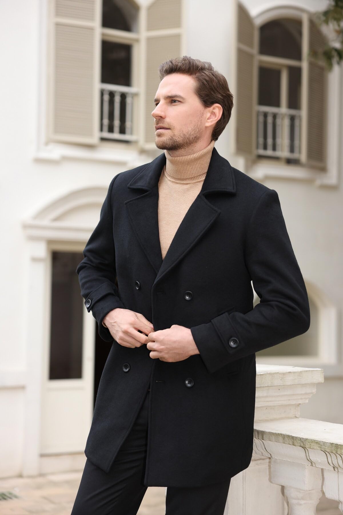 Allthemen Herren Wollmantel Winter Zweireihig Wintermantel Mittellang Warm