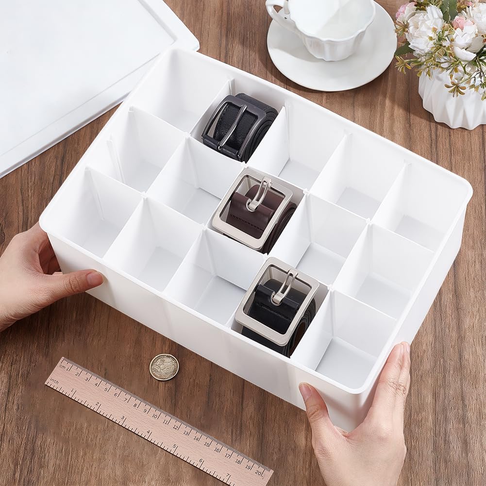 AHANDMAKER Tie Organizer Box 15-Cell Plastic Stackable Tie Display Rack for Closet Drawer Storage Organization Home Decoration, White 12x9.5x3.5 in