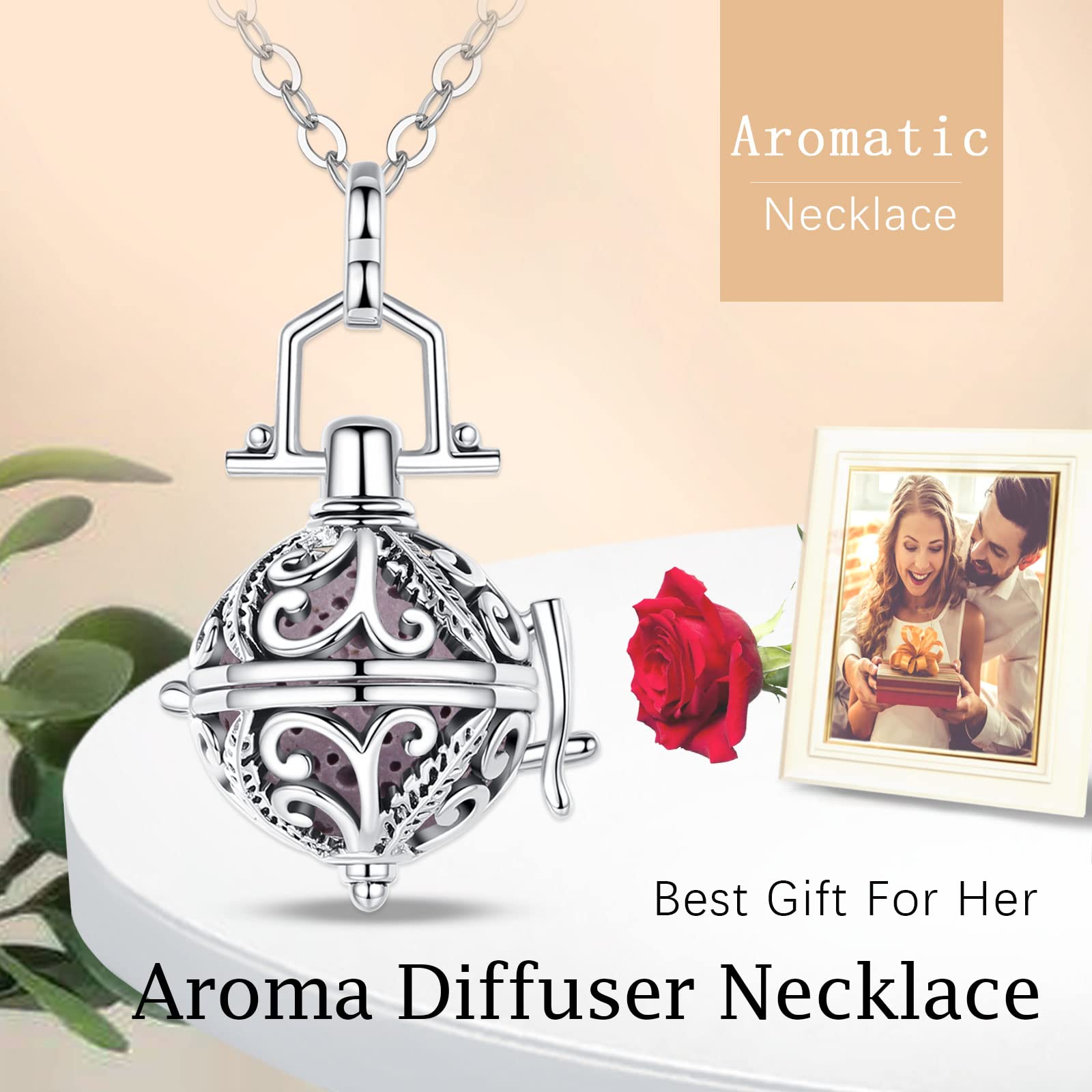 EUDORA Harmony Ball Collana Aromaterapia Ciondolo con Oli Essenziali per Donna, Collana con Diffusore Regalo di Gioielli per Ragazze con 7 Pezzi di Pietra Lavica, 24 Pollici