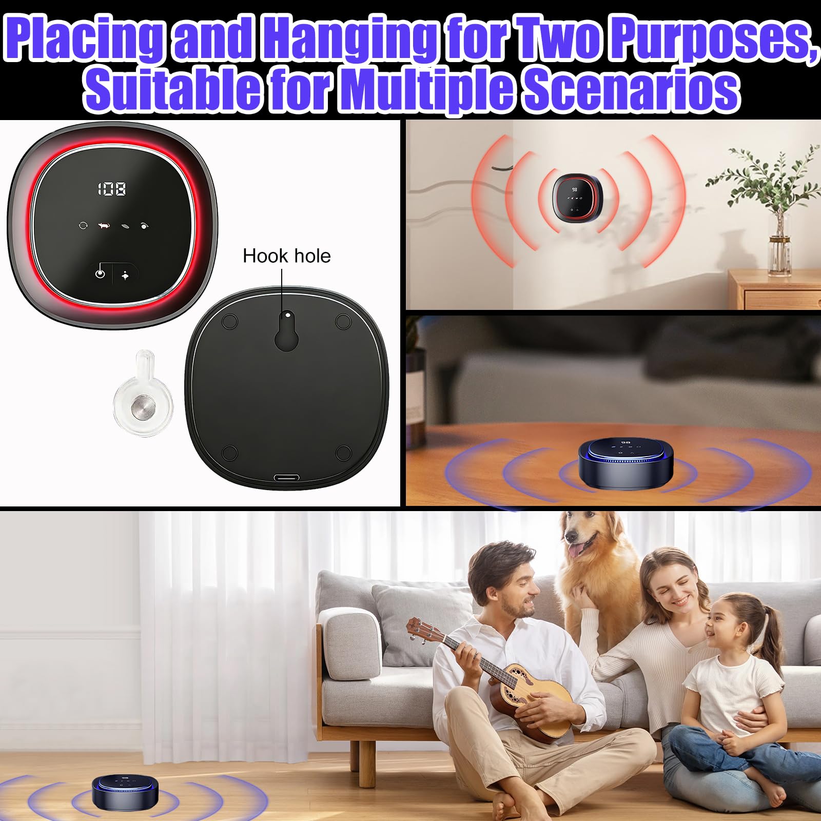 Repelente ultrasónico de ratones con luz estroboscópica LED, 360 °, repelente de mosquitos e insectos, 3 modos de trabajo, recargable 2000 mAh, defensa inalámbrica del ratón