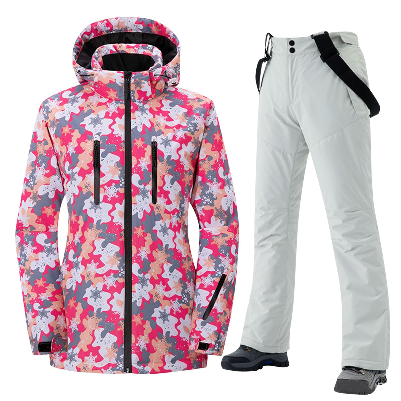 Combinaison de Ski Femme, Veste Manches Longues et Pantalon-Coupe-Vent-Imperméable pour Alpinisme Ski avec 2 Poches Avant et Fermeture éclair Ensembles de Neige Veste pour Femme-Hiver Chaud Tenue