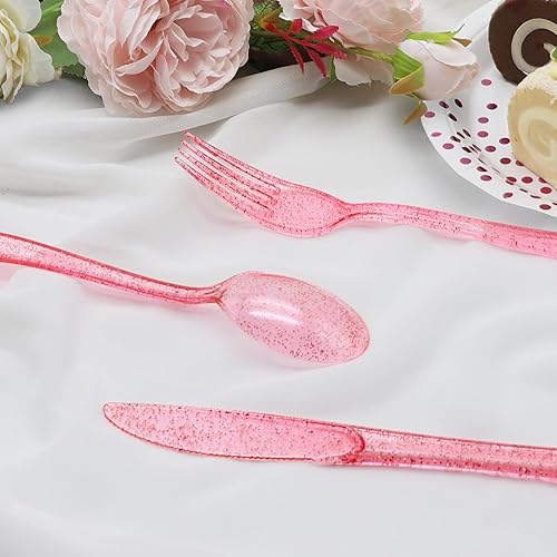 Miniatura 4 de Juego de 150 cubiertos de plástico de plástico, 50 tenedores rosados, 50 cuchillos rosados, 50 cucharas rosas para cumpleaños, bodas, baby shower,