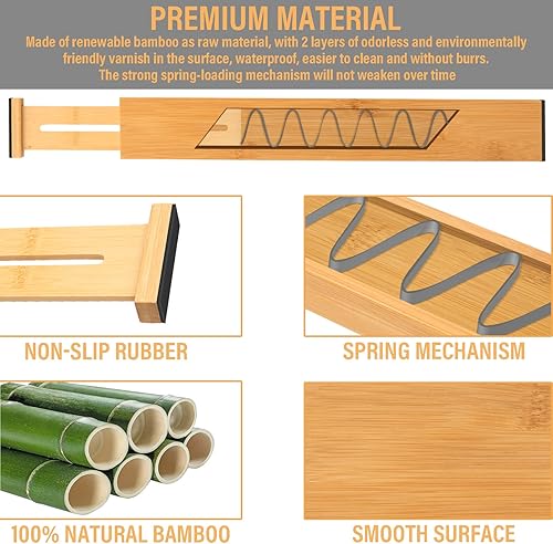Miniatura 6 de Separadores de cajones de bambú, separadores de cajones de cocina ajustables, organizador de divisores de cajones expandibles para utensilios de