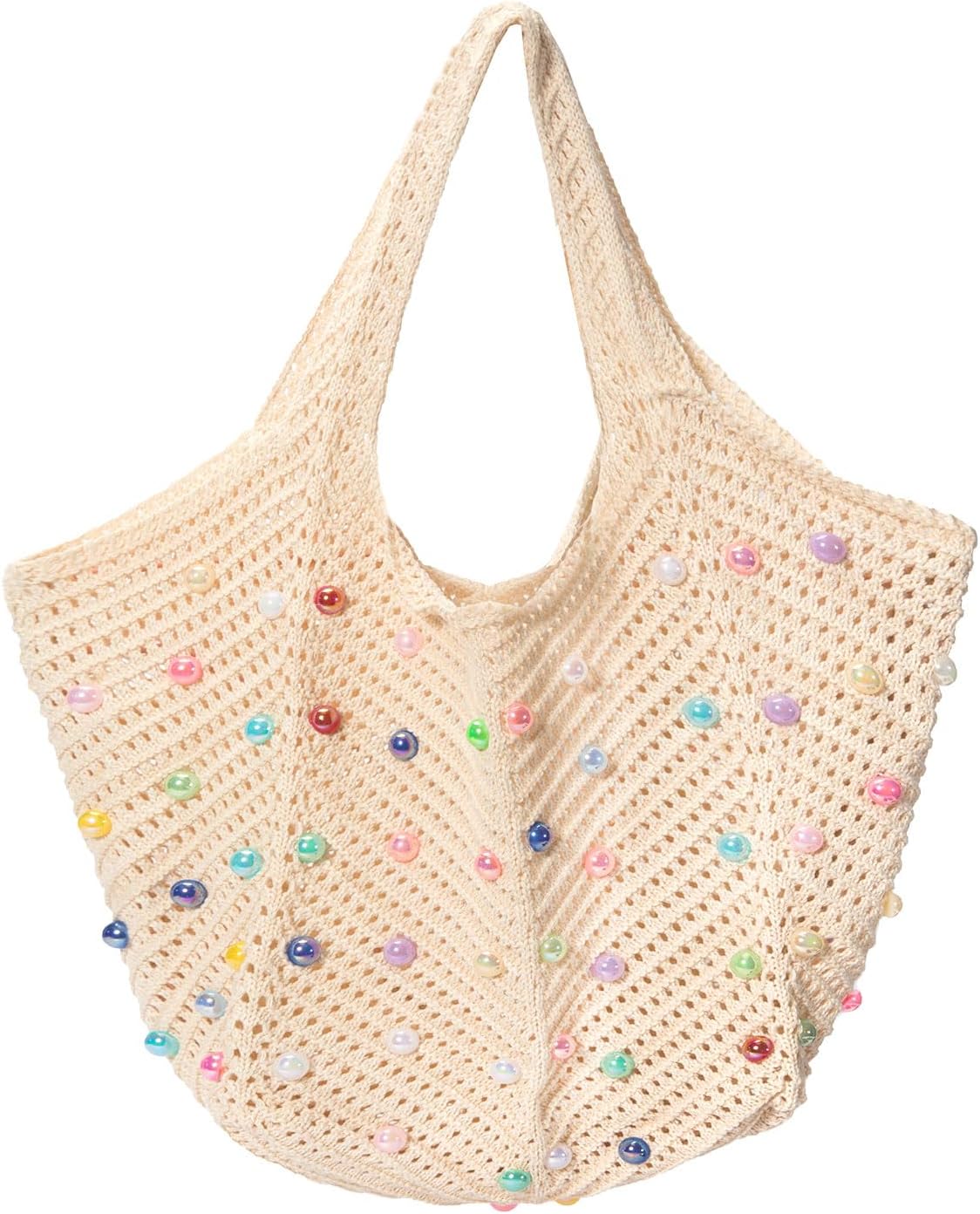 Iqimott Boho Crochet Beach Tote Bag for Women, Summer Knit Hobo Bag Shoulder Bag with Colored Beads, Casual Organizer Handbag