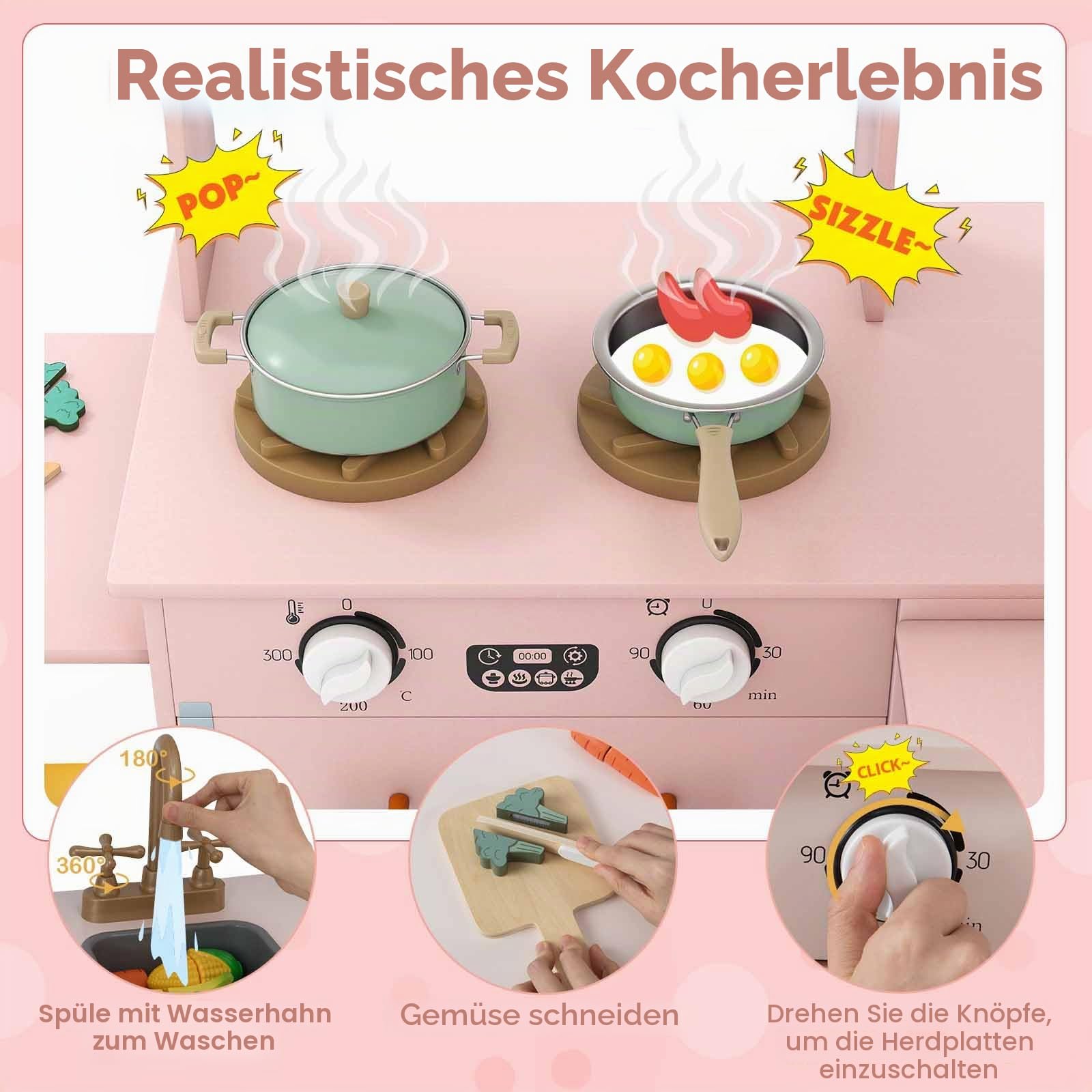 HOMASIS Eck Kinderküche Holz, Spielküche mit Licht & Sound, Spielzeugküche mit Spüle Herd Ofen Eismaschine Mikrowelle Kühlschrank, inkl. Arbeitsplatte, Zubehör & 2 Körbe, für Kinder ab 3 Jahren (Rosa)