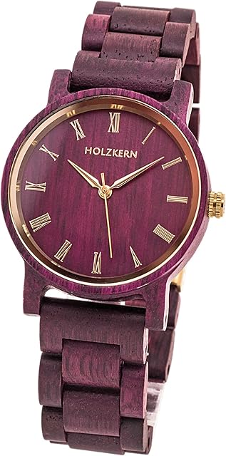 HOLZKERN Calm Womens Watch Made of Amaranth with Fine Texture in Rose Color with Adjustable Bracelet Aesthetic Quartz Gold Watch for Women Reloj para Mujer Fashionable Wooden Watch