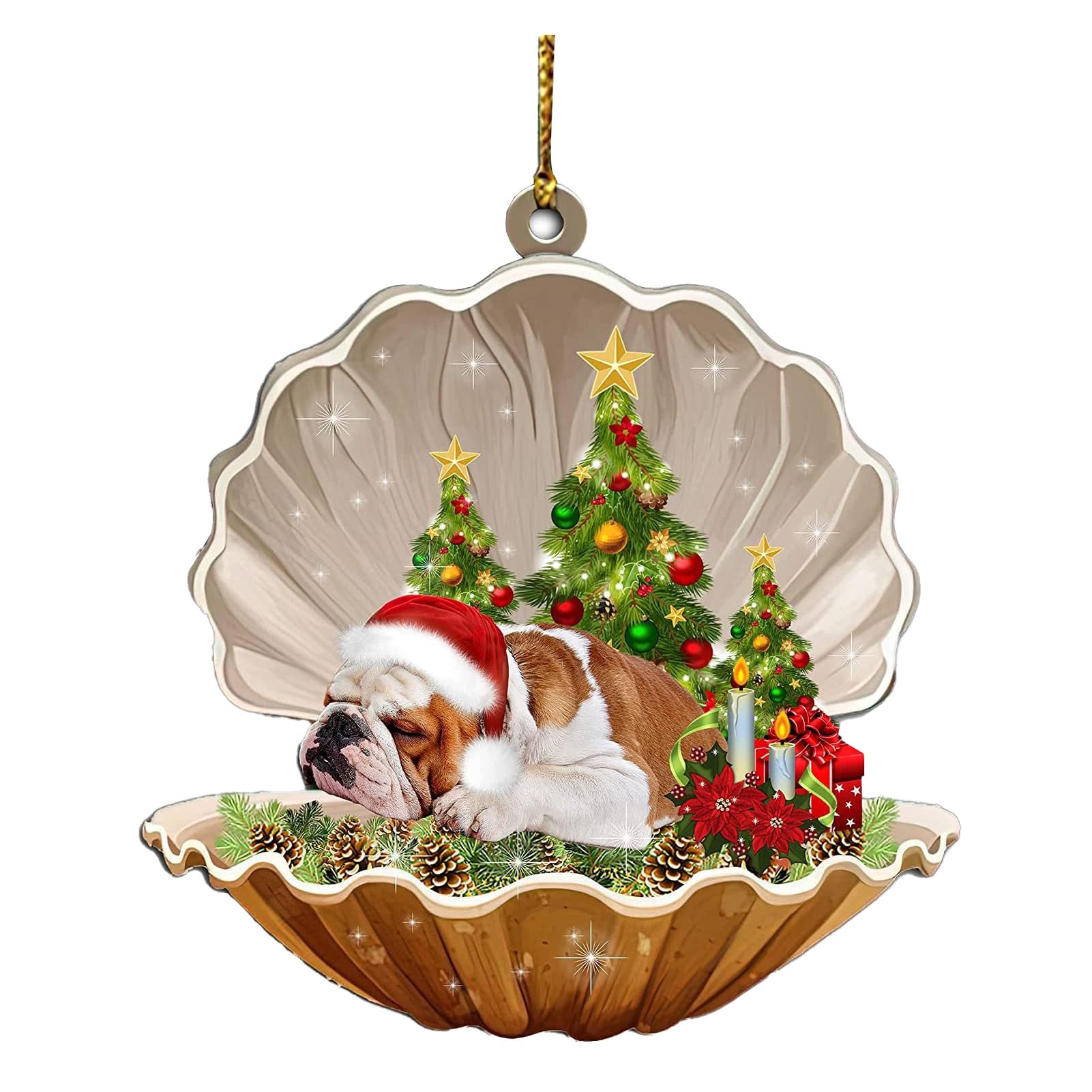 PRTECY Acrylic Christmas Shell Sleeping Dog Ornament Lovely Pug Sleeping in Pearl Decorative Hanging Ornaments for Christmas Trees, Keychain, Festival Decorations(I)