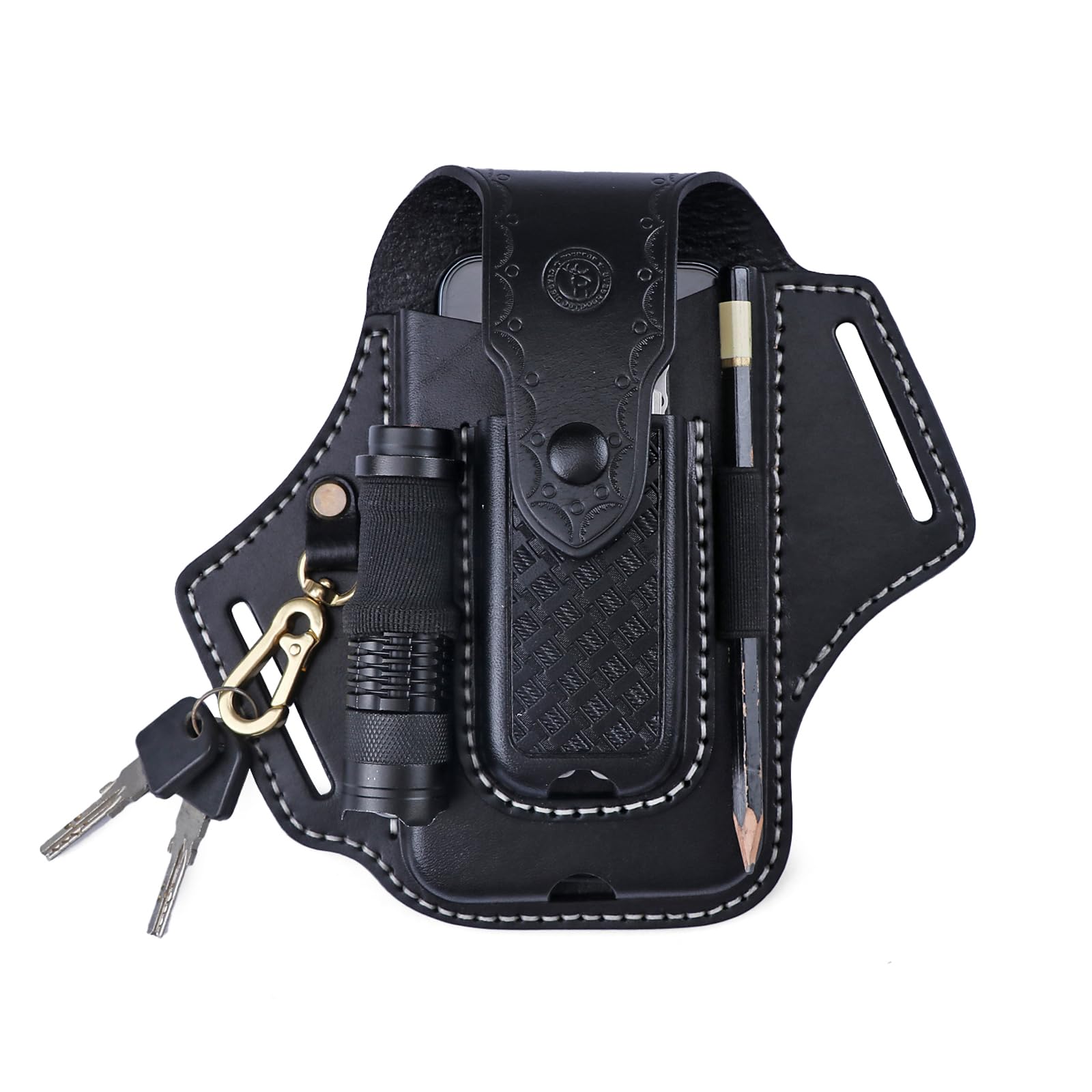 TOURBON Multitool Fodero in Pelle per Cintura EDC Tasca Organizer Porta Telefono per Uomo con Torcia Penna Portachiavi