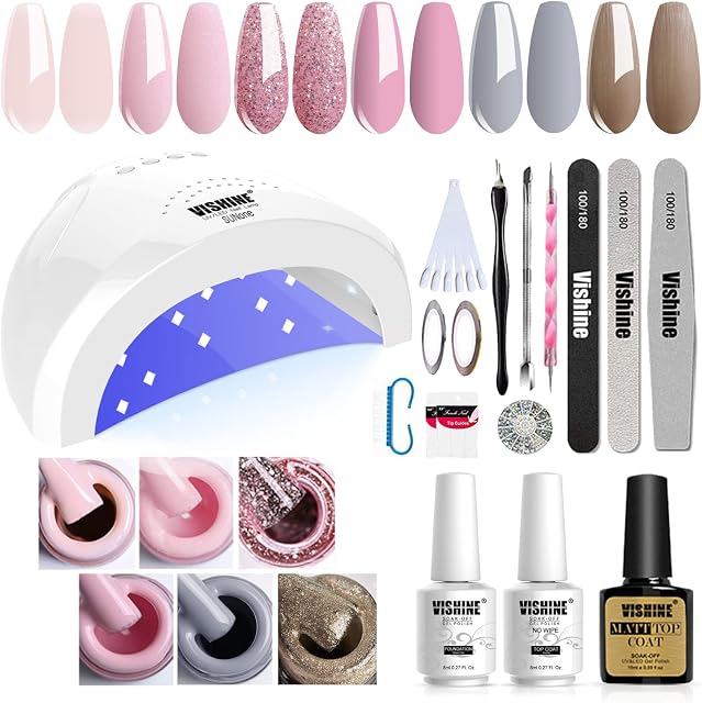 Vishine Gel Nail Polish Starter Kit with 48W SUNOne UV LED Nail Lamp Speed Dryer Manicure Tools 6 Pretty Colours Gel Polish Base and Top Coat #02