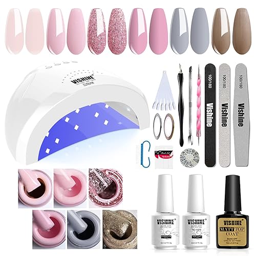 Vishine Kit de iniciación de esmalte de uñas de gel con lámpara LED UV de 48 W, secado rápido, herramientas de manicura, 6 colores bonitos, base y