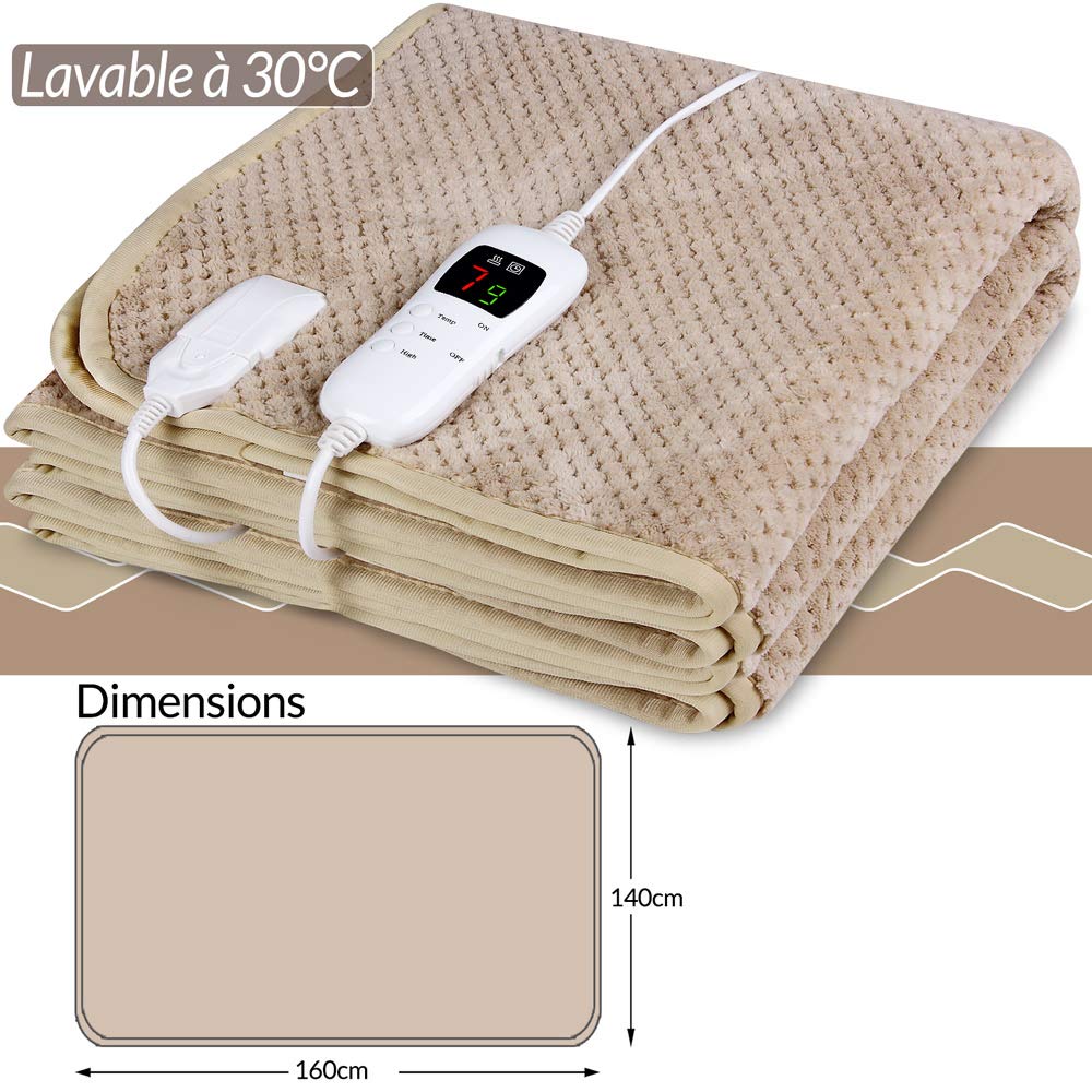 Monzana Manta Eléctrica Doble 160x140cm 120W Calienta Camas Temporizador 5 Niveles de Calor 2 Zonas