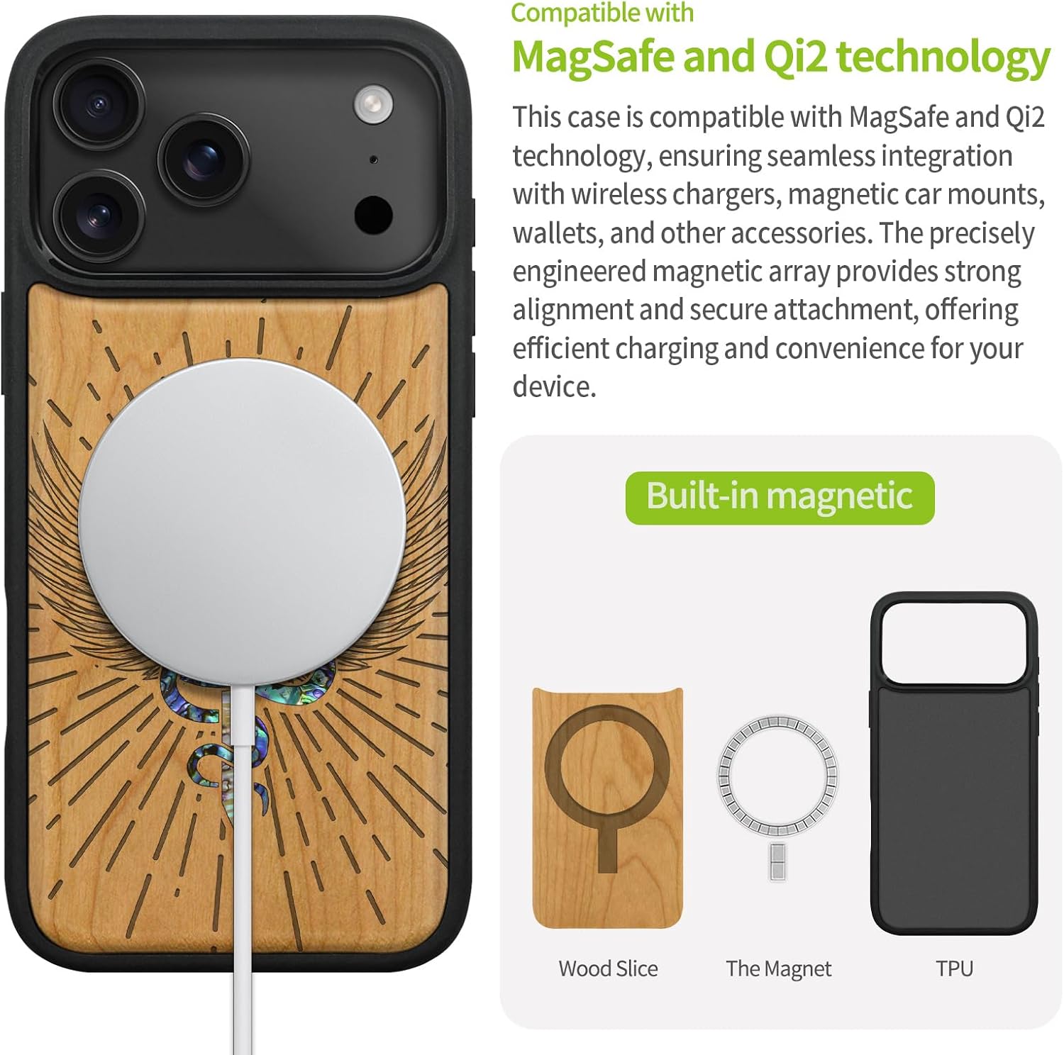 Carveit Magnetic Case for iPhone 17 Pro Max Case, Wood Artisan Engraved & Handmade Shell Inlaid, TPU Shockproof Cover, Compatible with MagSafe Wireless Chargers (Serpent Winged Sword-Cherry)