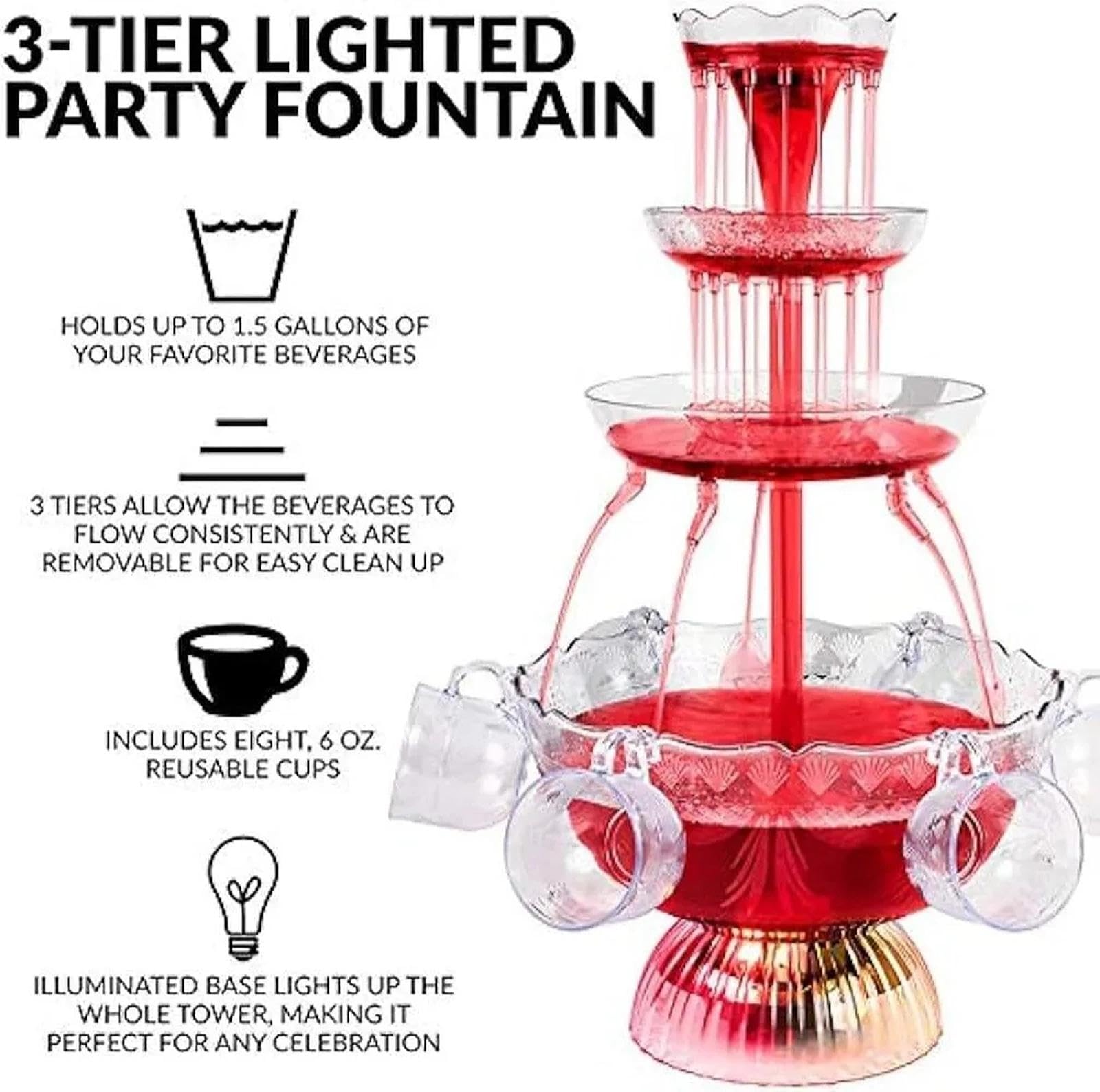 Fontana elettrica da cocktail con base a LED e 5 tazze, ideale per champagne, vino, birra e succhi di frutta, per matrimoni, feste e celebrazioni, macchina per bevande a 3 livelli