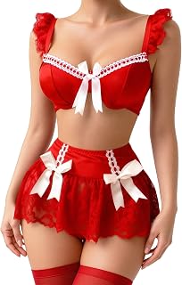 Women's Lingerie Set 4 Piece Sexy Floral Lace Bodycon Bra Underwire and Thong Mini Skirt Stocking