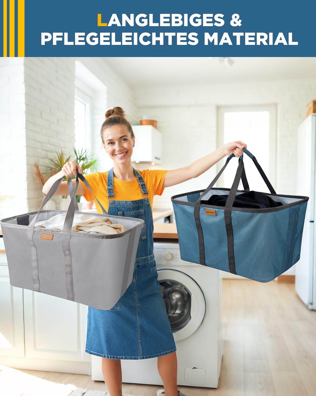 SOUTHGATE Faltbarer Wäschekorb 2er Set (Blau/Grau), je 68L, extra flach 2 cm, schnell zusammenklappbar, freistehend, 600D Oxford, abwischbares Innenfutter, Standfüße & Tragegriffe