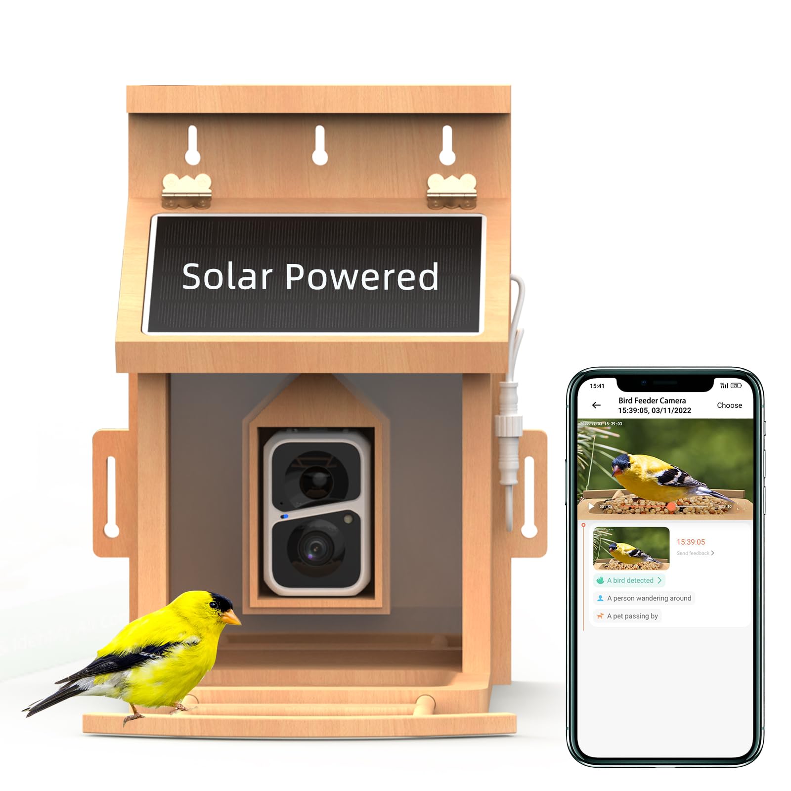 Solar Smart BirdFeeder with Camera - Auto Capture, Interactive Wood House for Wild Birds - Great Gift for Bird Lovers
